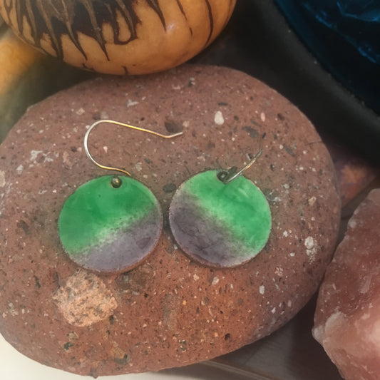 Enamel Penny Earrings Green and Purple