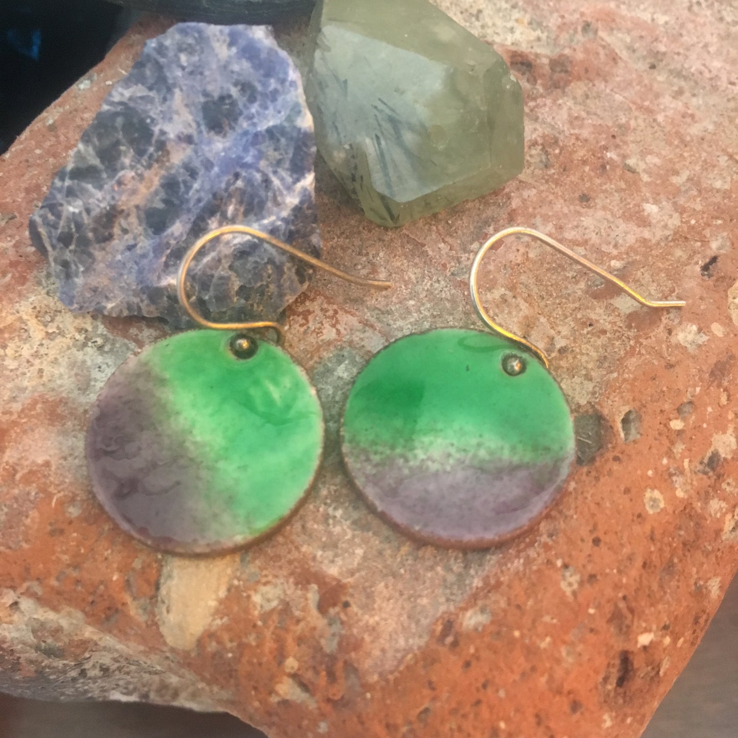 Enamel Penny Earrings Green and Purple