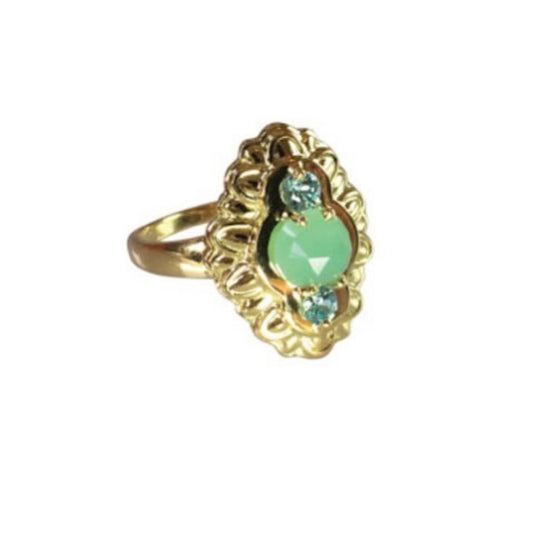 Victoria Collection - Chrysoprase and Blue Zircon 18k yellow gold 3 stone ring