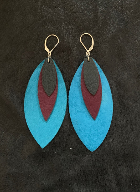 Leather Feather Earrings in Brown, Turquoise, and Burgundy