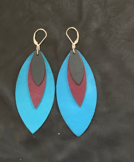 Leather Feather Earrings in Turquoise, Burgundy, and Grey