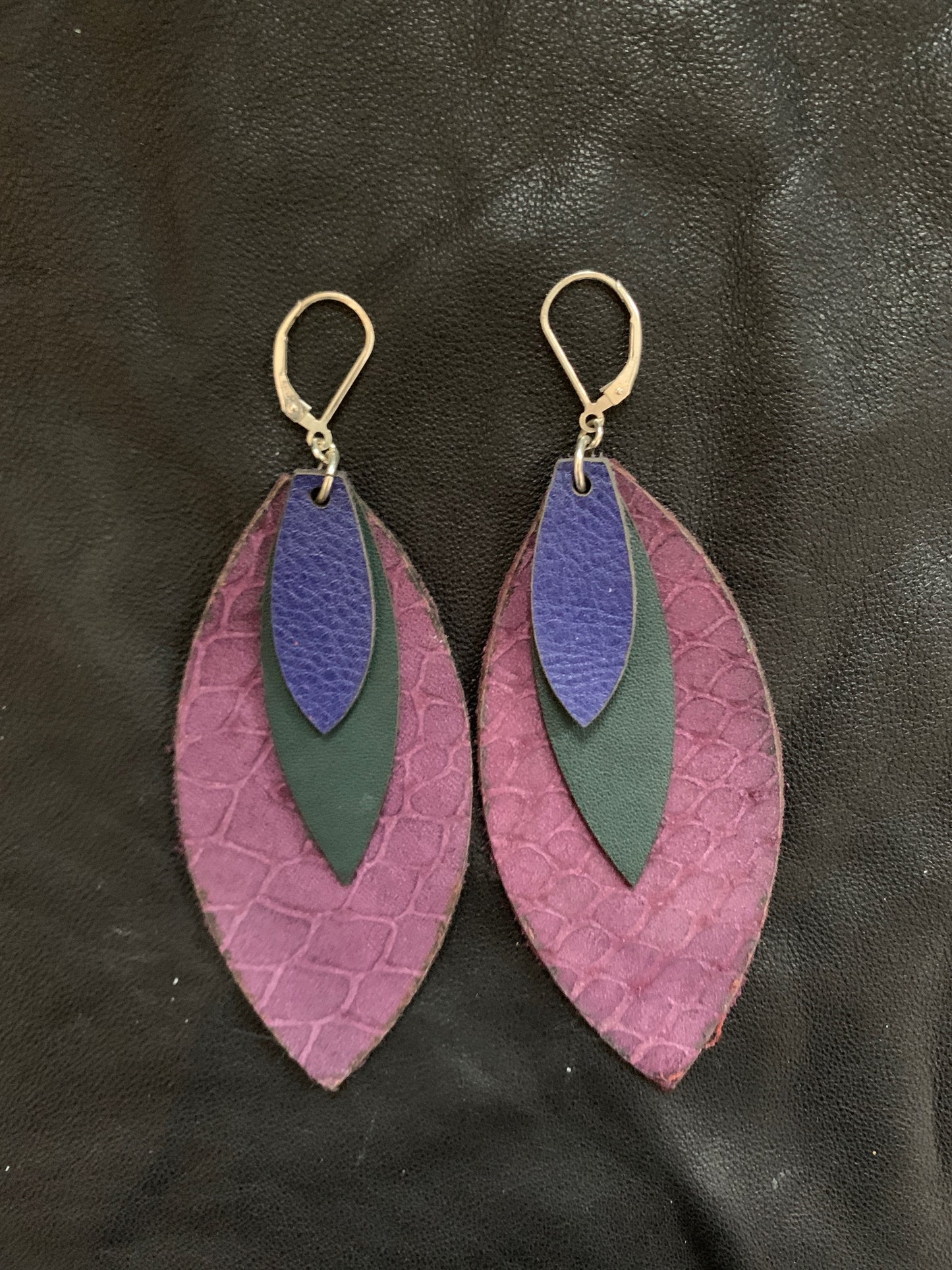 Recycled Leather Feather Earrings in Purple, Green and Lapis Blue