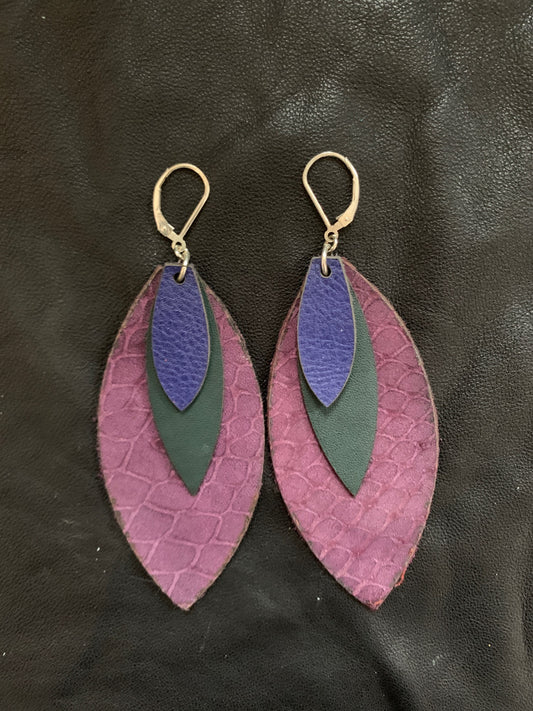 Leather Feather Earrings in Purple, Green and Lapis Blue