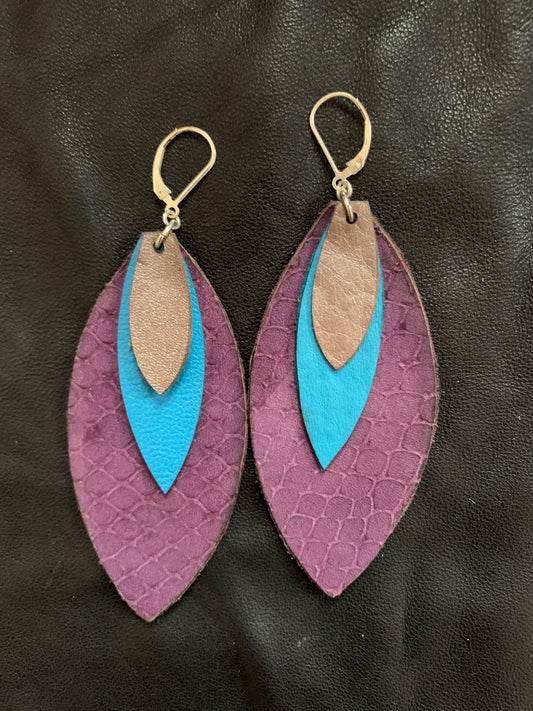 Leather Feather Earrings in Purple, Turquoise, and Sparkley Brown