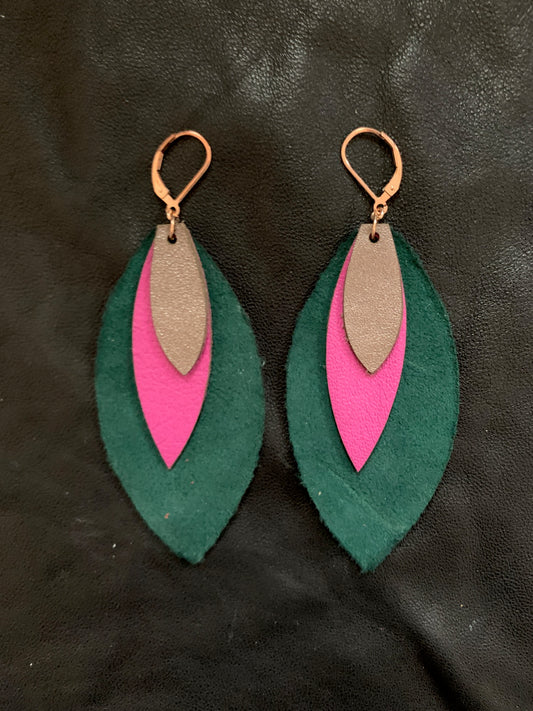 Leather Feather Earrings in Green, Pink, and Sparkey Brown