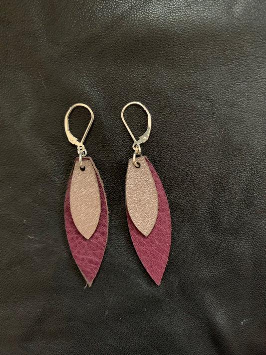 Leather Feather Earrings in Burgundy and Sparkly Brown