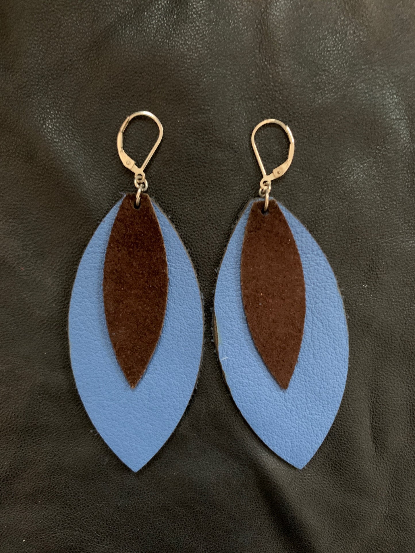 Leather Feather Earrings in Cornflower Blue and Brown recycled leather and sterling silver