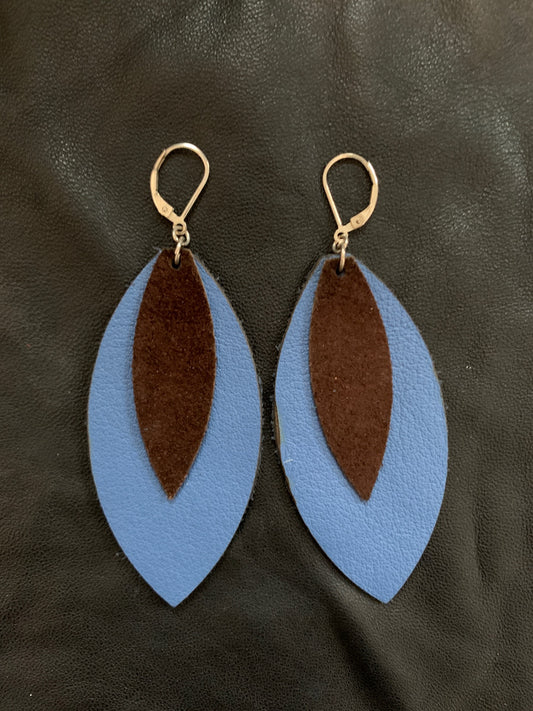 Leather Feather Earrings in Cornflower Blue and Brown