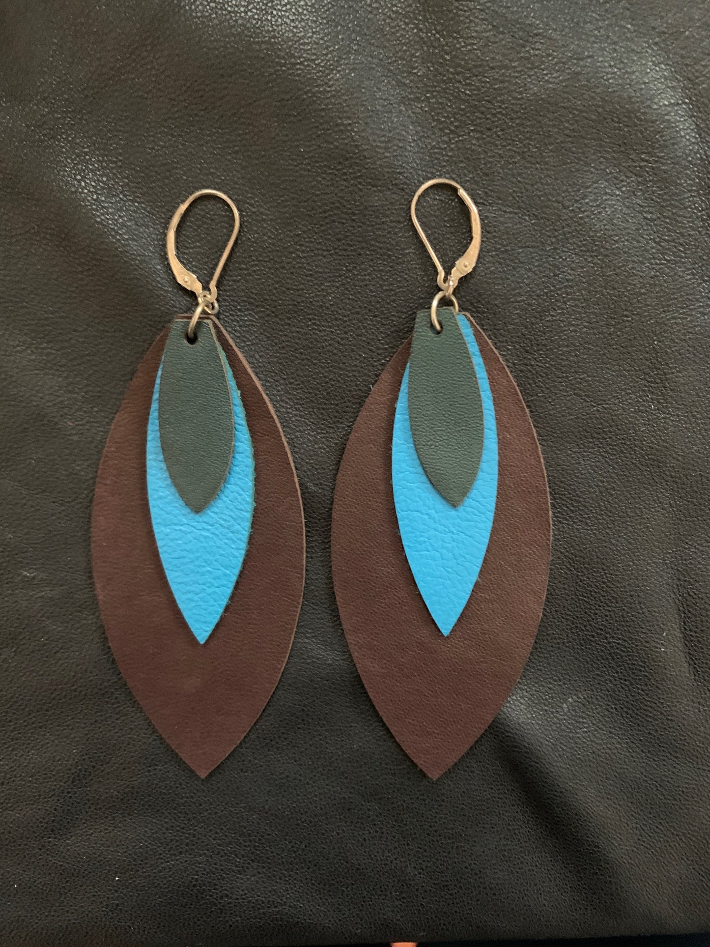 Leather Feather Earrings in Green, Brown, and Turquoise with sterling silver lever back tops