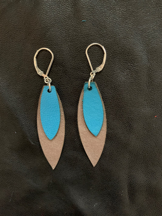 Leather Feather Earrings in Turquoise and Sparkly Brown
