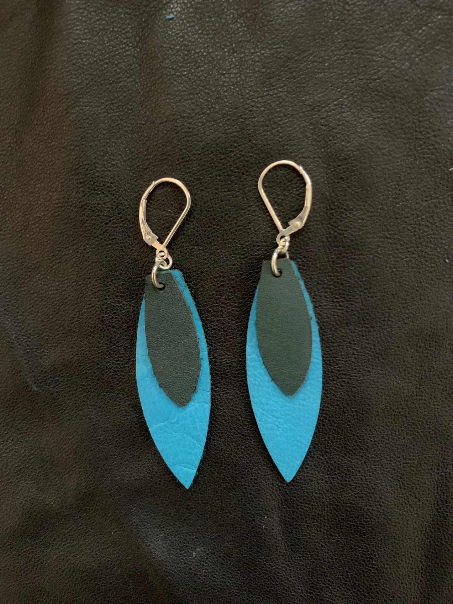 Recycled Leather Feather Earrings - Turquoise and Dark Green Leather with Silver