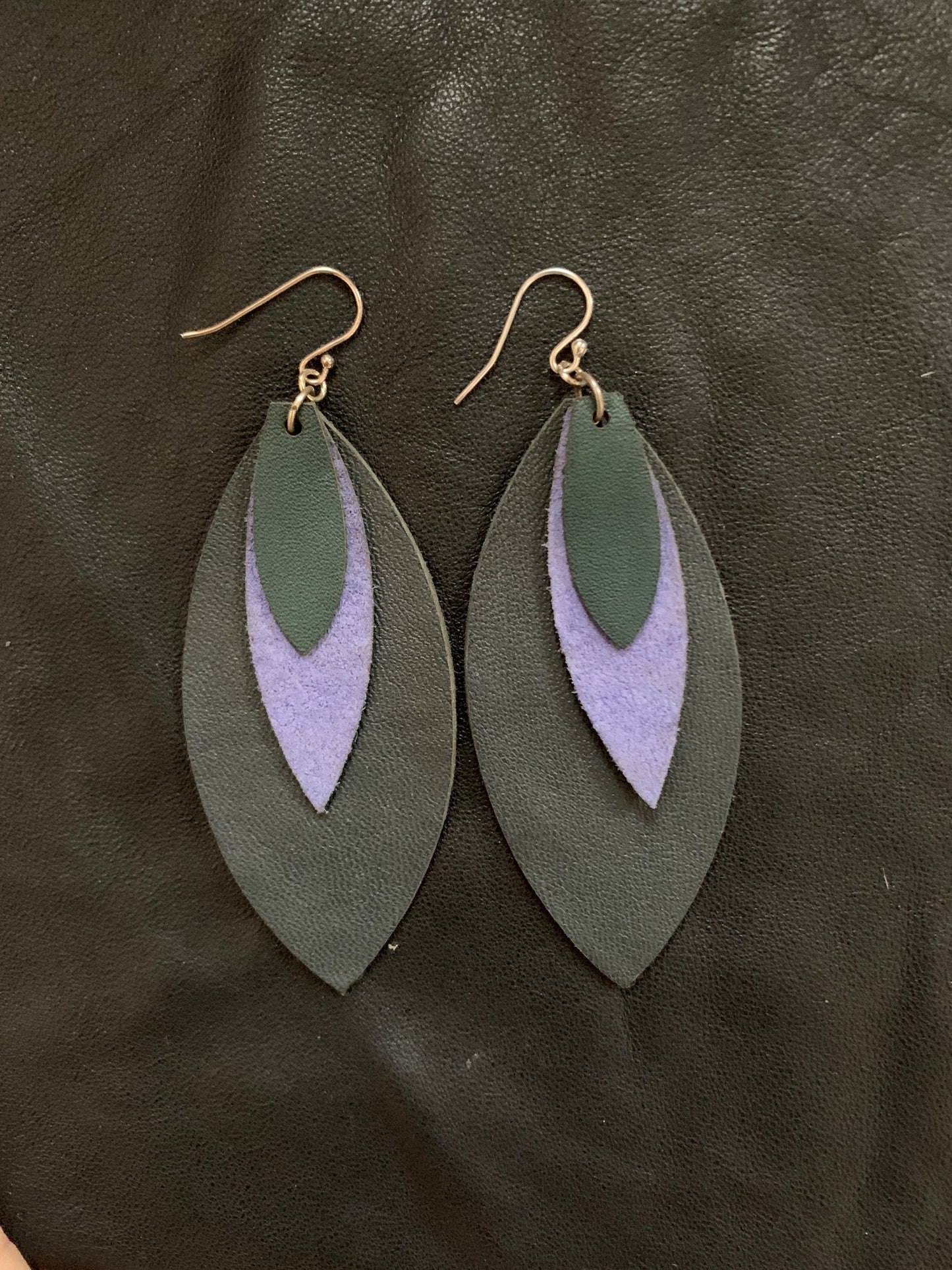 Leather Feather Earrings in Purplish Blue, Grey, and Green leather with silver ear wires