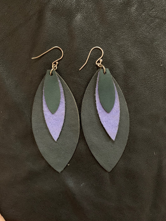 Leather Feather Earrings in Purplish Blue, Grey, and Green