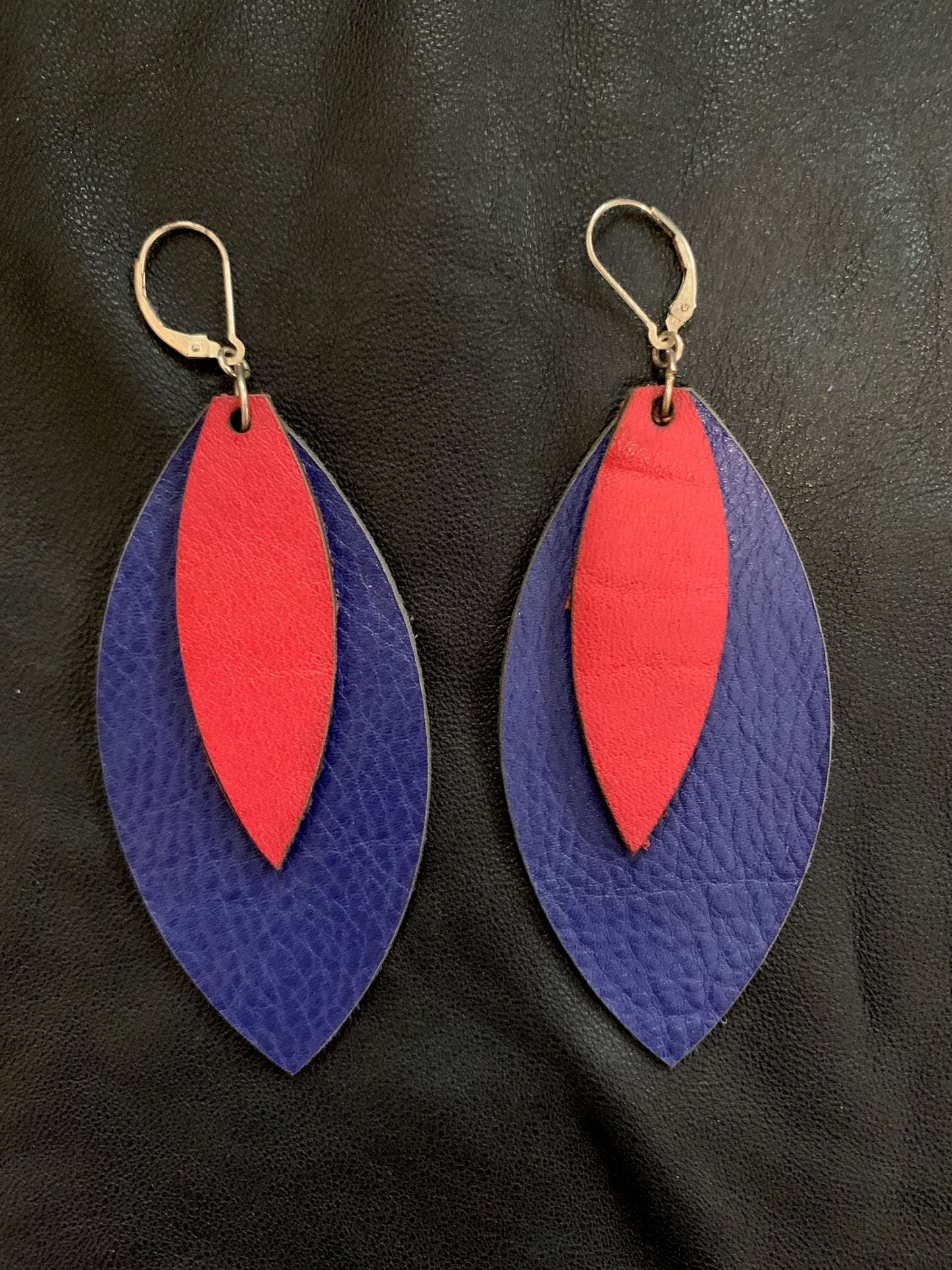 Leather Feather Earrings in Lapis Blue and Red leather with sterling silver lever back tops