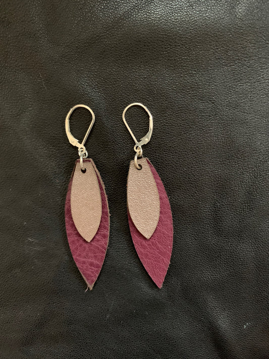 Recycled Leather Feather Earrings in Burgundy and Sparkly Brown leather and sterling silver