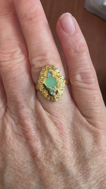 Victoria Collection - Chrysoprase and Blue Zircon 18k yellow gold 3 stone ring
